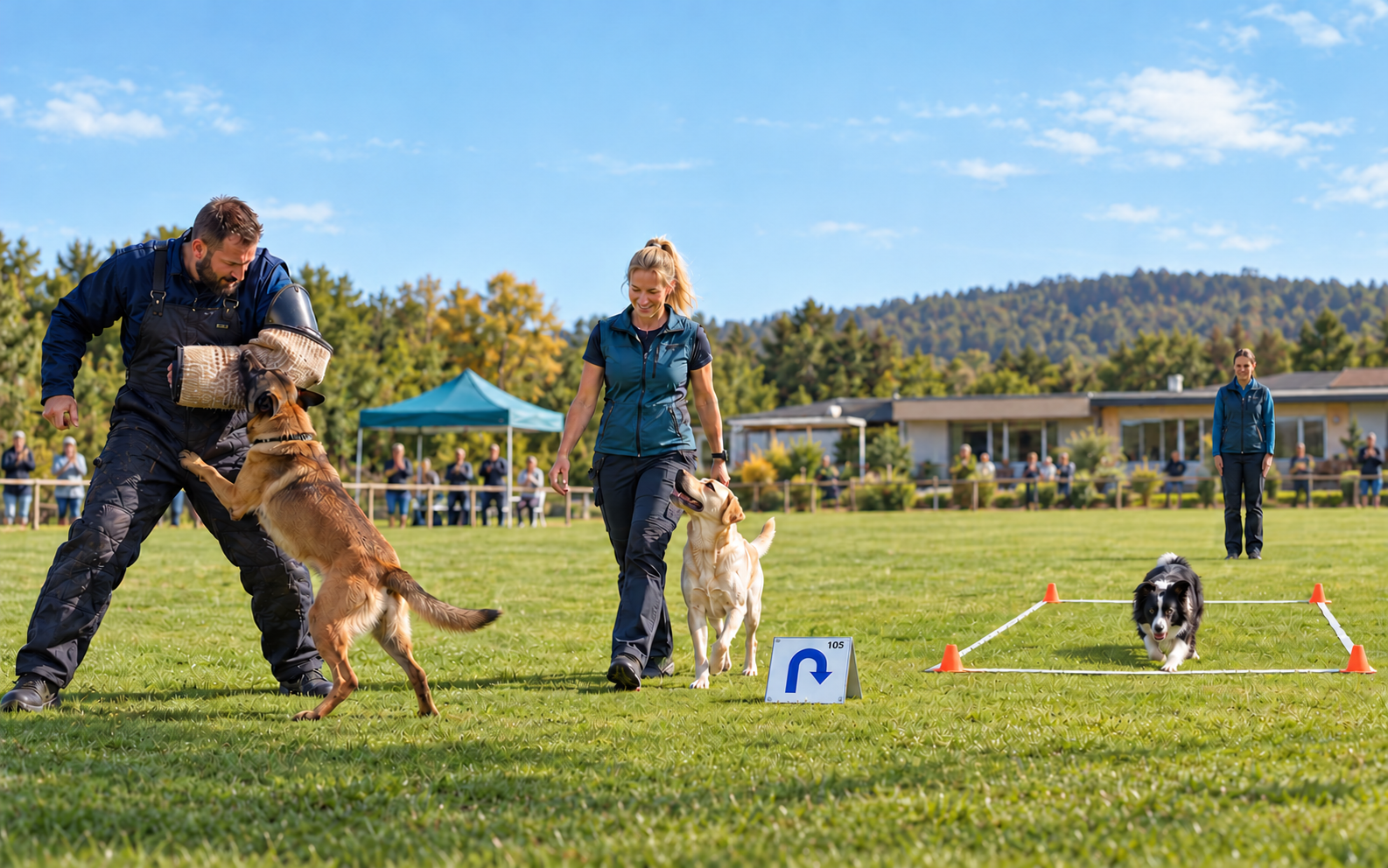 Escena integrada de deporte canino: malinois trabajando la manga con un figurante sin porra a la izquierda, labrador en seguimiento con su guía en el centro y border collie entrando en la box a la derecha.
